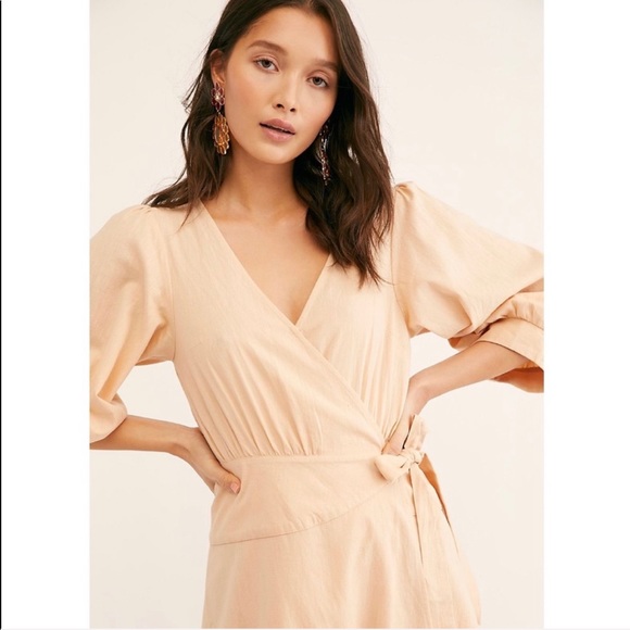 Free People Cotton Linen Wrap Midi Dress Peach - Picture 4 of 4
